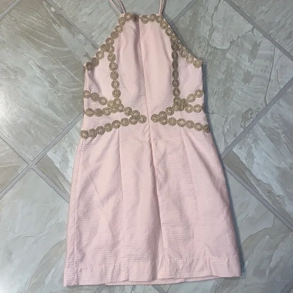 Pearl Shift Dress Paradise Tint Pink Halter Gold Lace - Picture 6 of 7